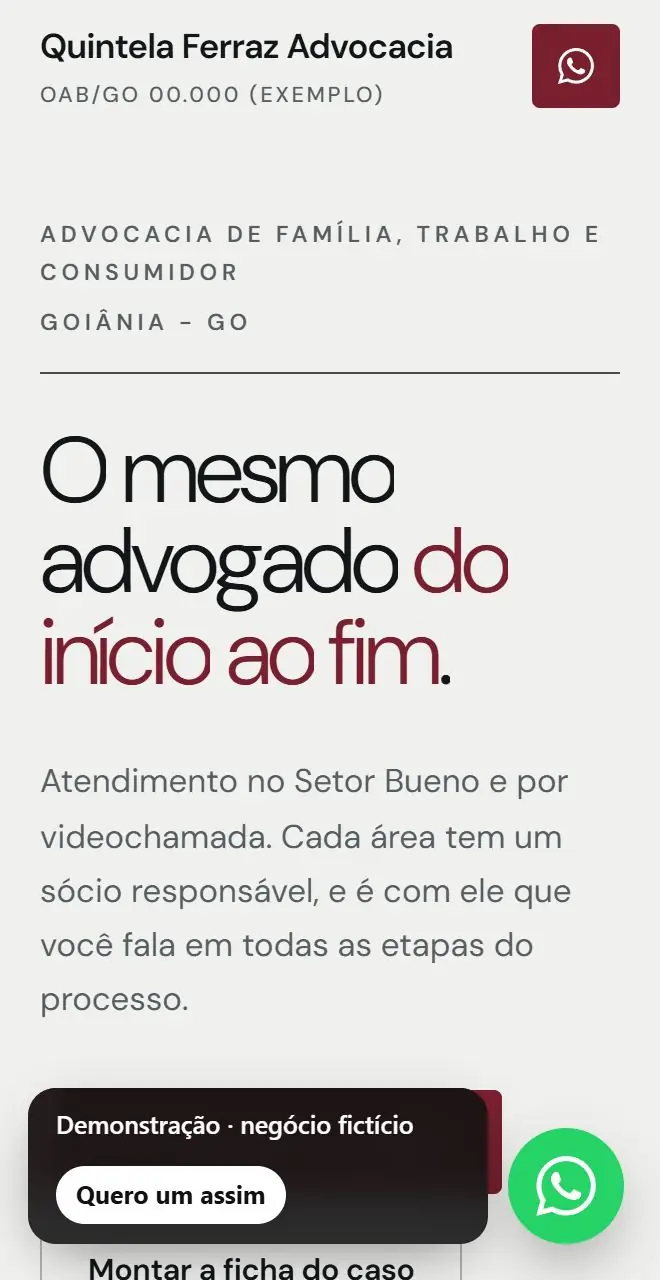 O topo da demo do modelo de advocacia: o nome do escritório, a OAB e a frase principal